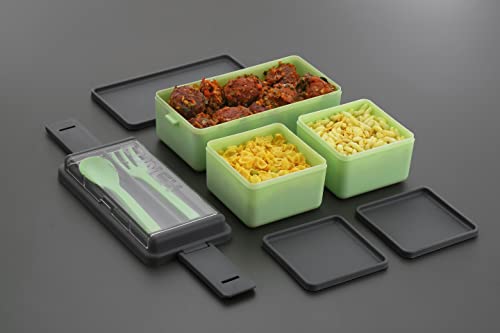 3-Compartment Dual-Layer Bento Lunch Box with Cutlery Set