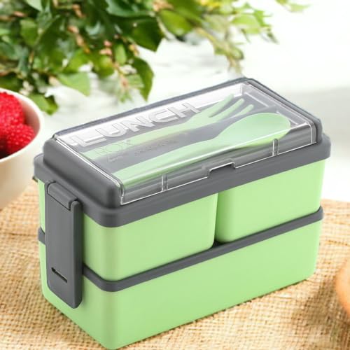 3-Compartment Dual-Layer Bento Lunch Box with Cutlery Set